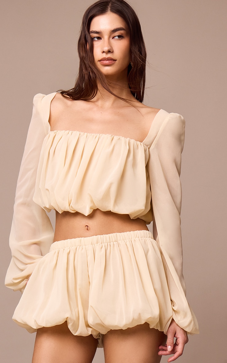 Almond Chiffon Ruched Long Sleeve Blouse