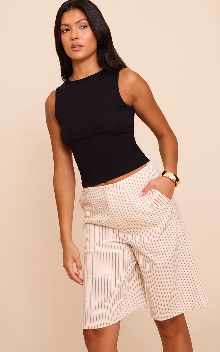 Beige Pinstripe Lightweight Longline Shorts