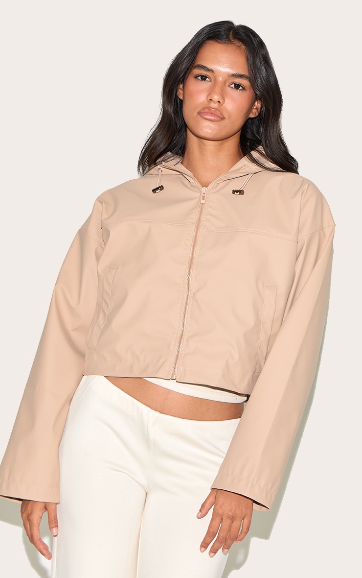 Beige Pu Faux Leather Cropped Hooded Jacket