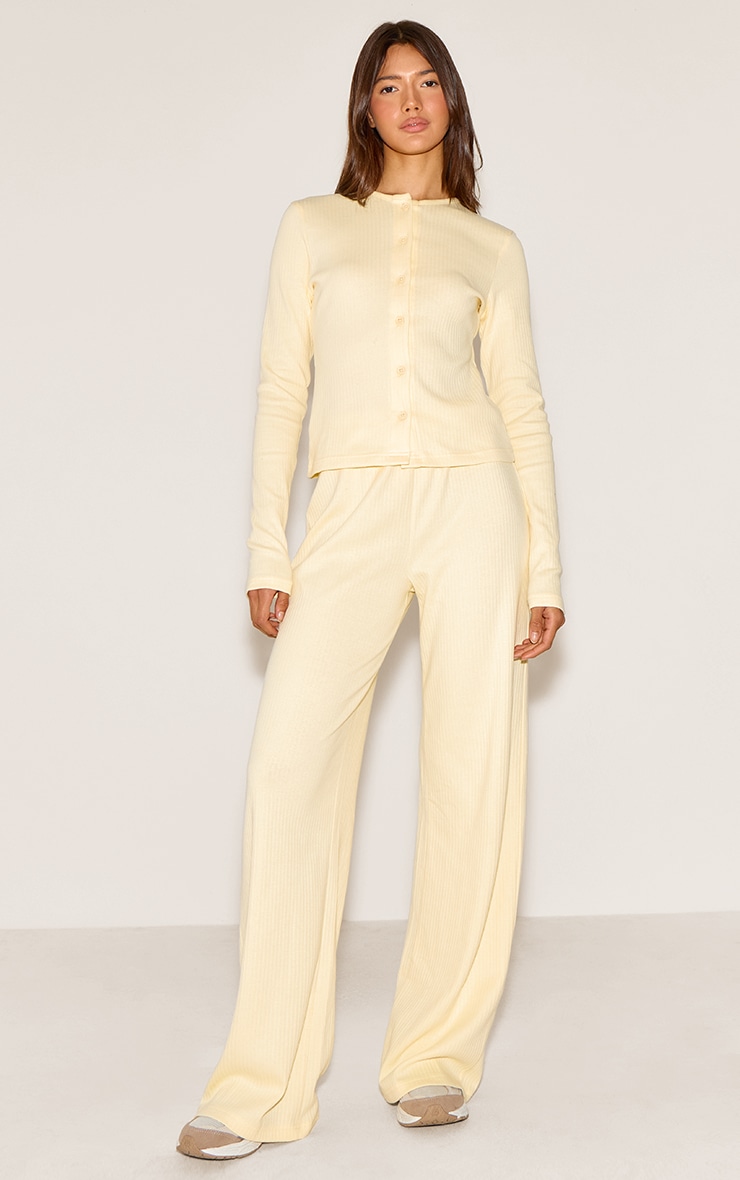 Almond Mid Rise Ribbed Wide Leg Trouser