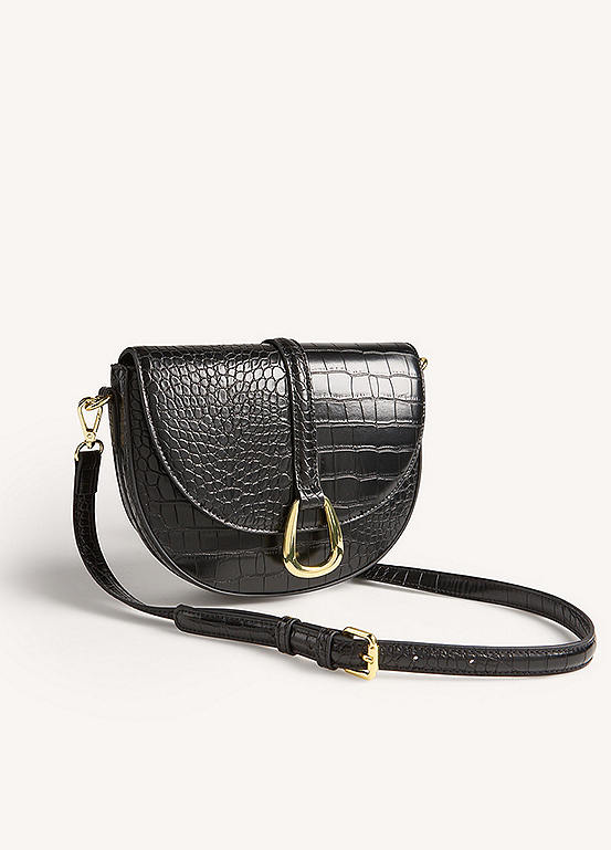 365 by Freemans Black Croc Rosa Ring Saddle Crossbody Bag