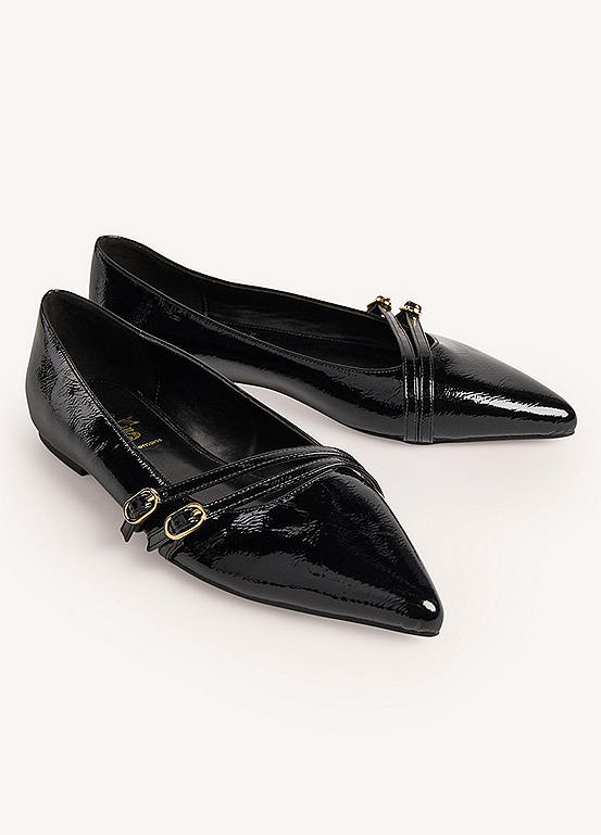 365 by Freemans Black Patent Double Buckle Pointed Toe Shoes