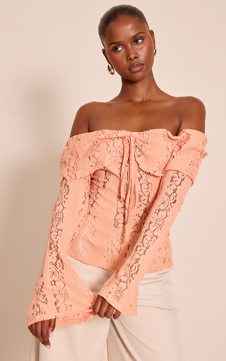 Peach Fitted Lace Flared Sleeve Bardot Top
