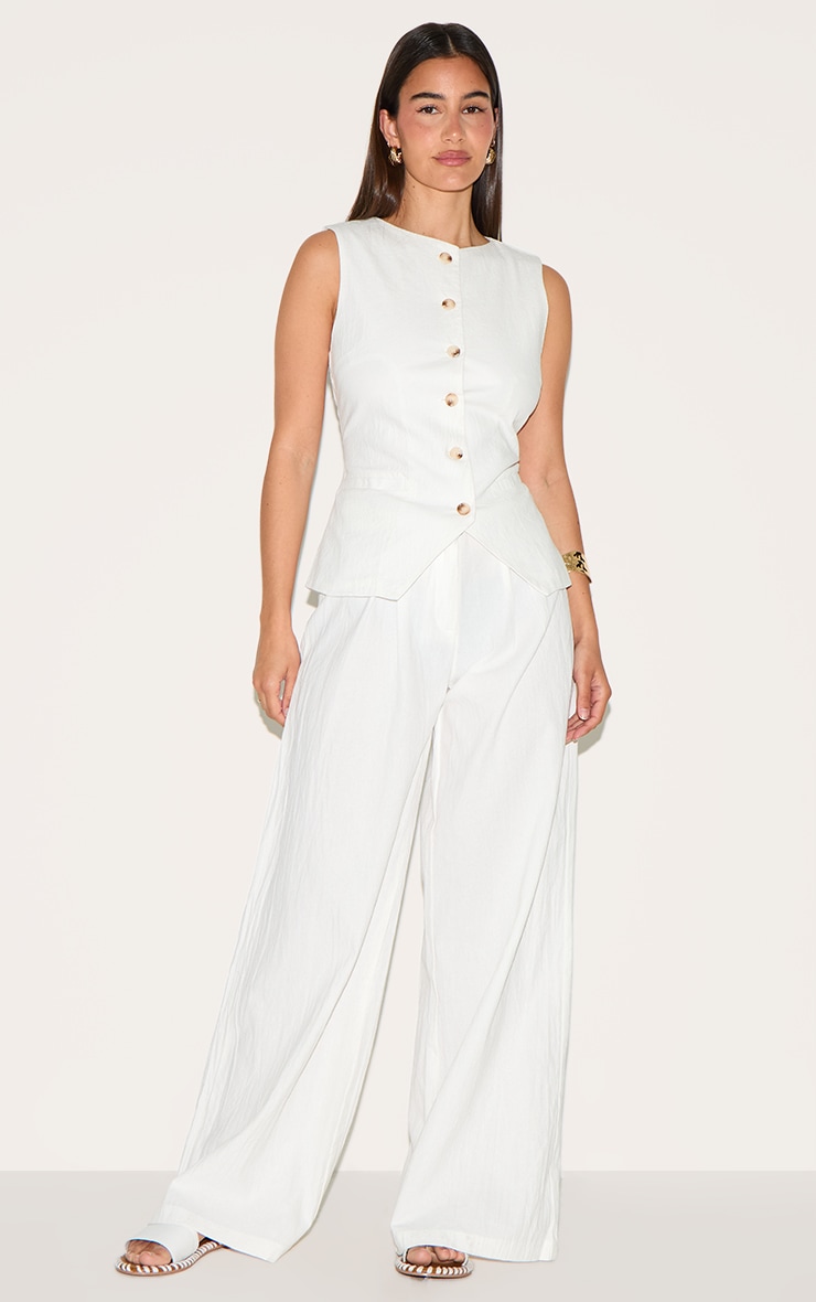 White Linen Look Wide Leg Pleated Trousers