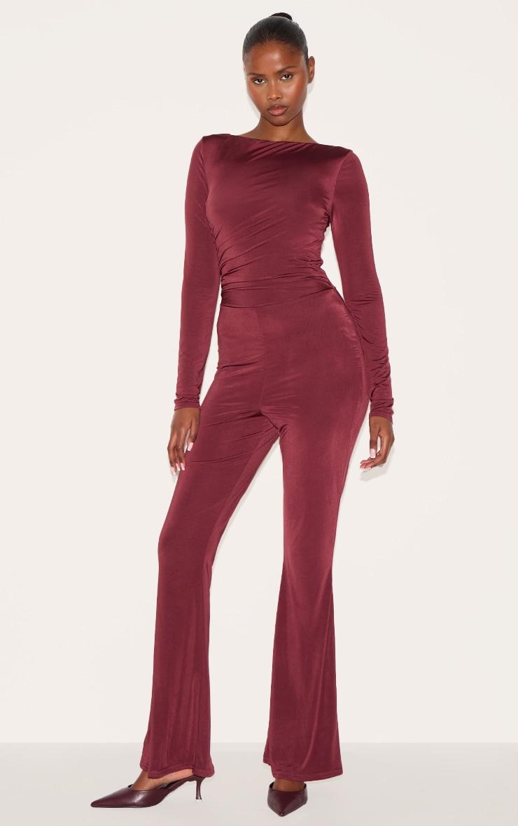 Wine Double Layer Slinky Gathered Long Sleeve Wide Leg Jumpsuit