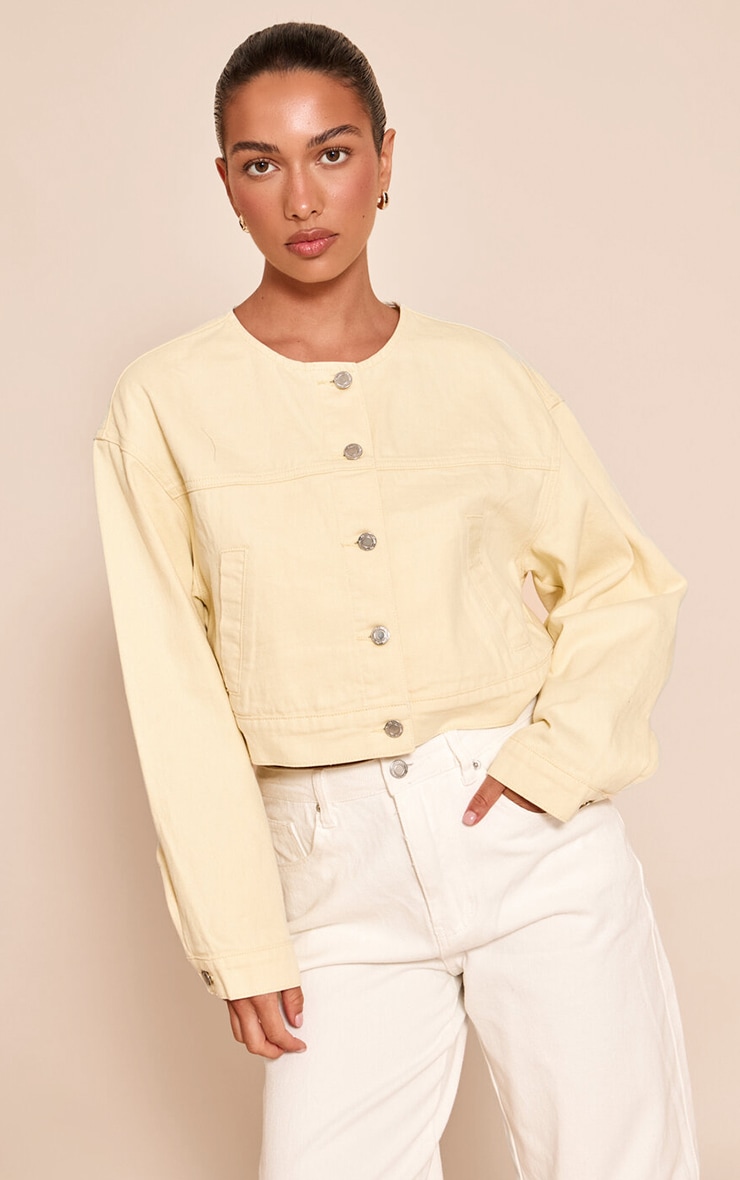 Butter Cream Collarless Cropped Denim Jacket