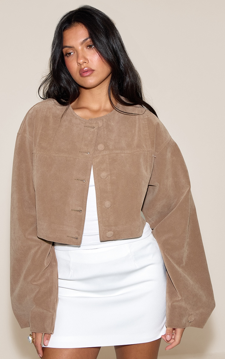 Beige Cropped Ruched Sleeve Detail Suede Jacket