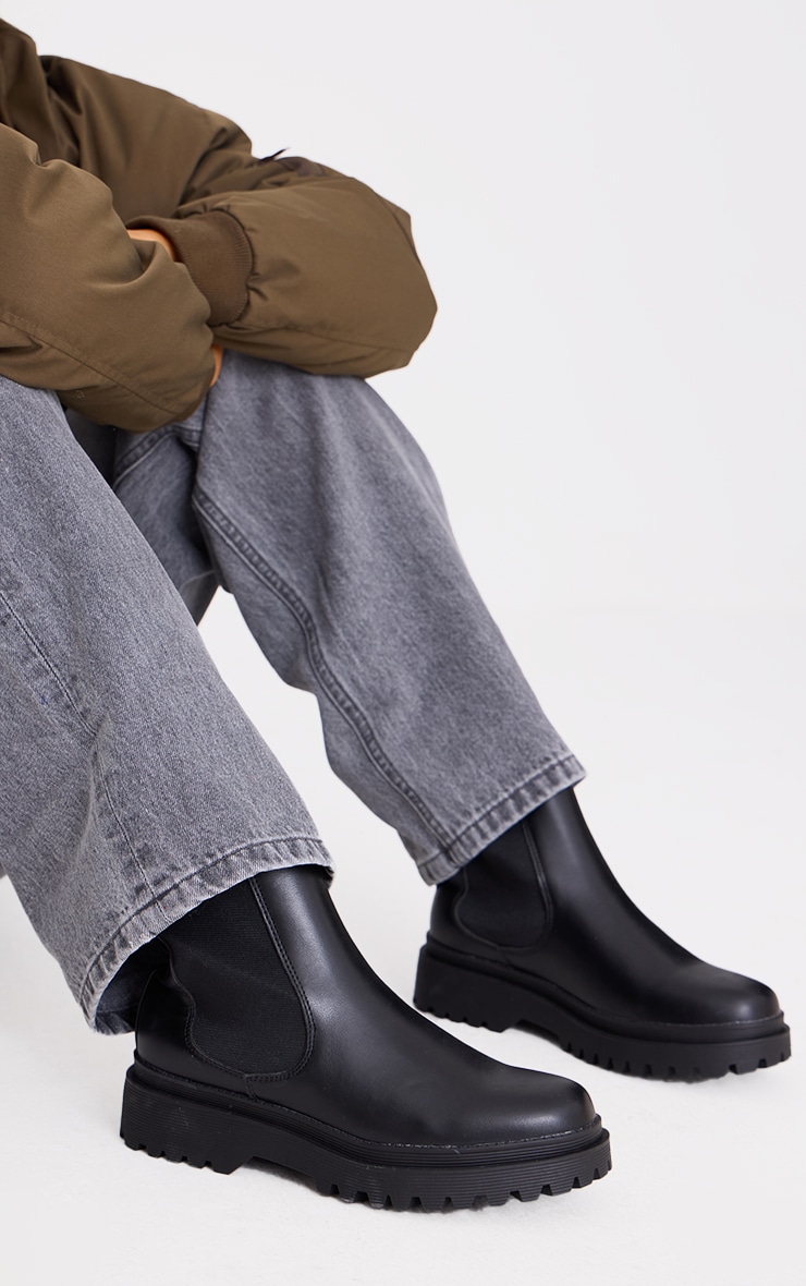 Black Pu Round Toe Chelsea Ankle Boots