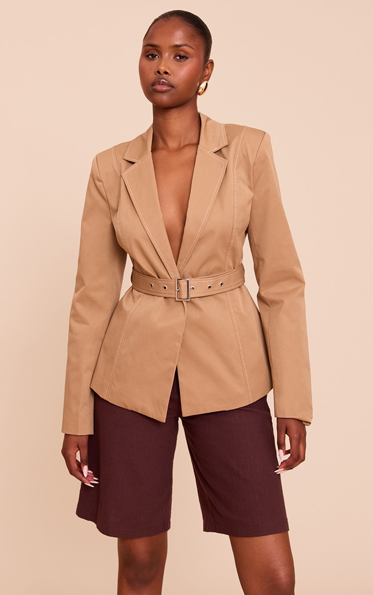 Beige Tie Waist Contrast Stitch Blazer