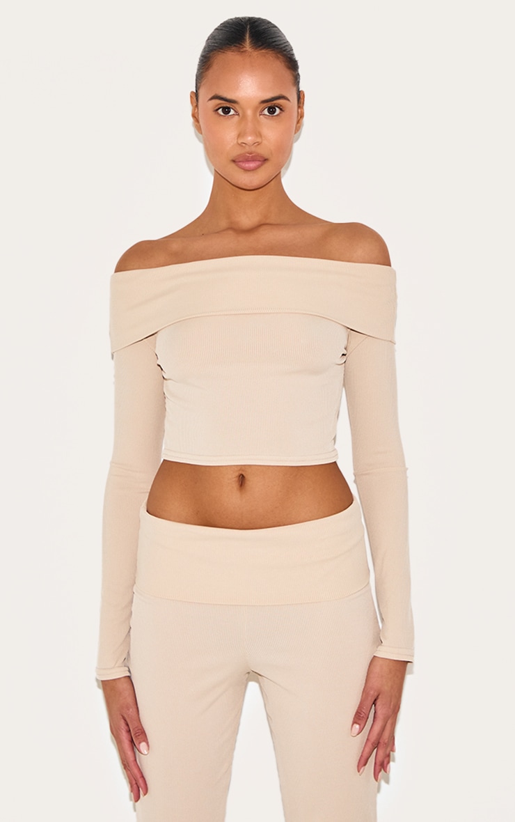Beige Rib Bardot Foldover Flute Sleeve Longline Top