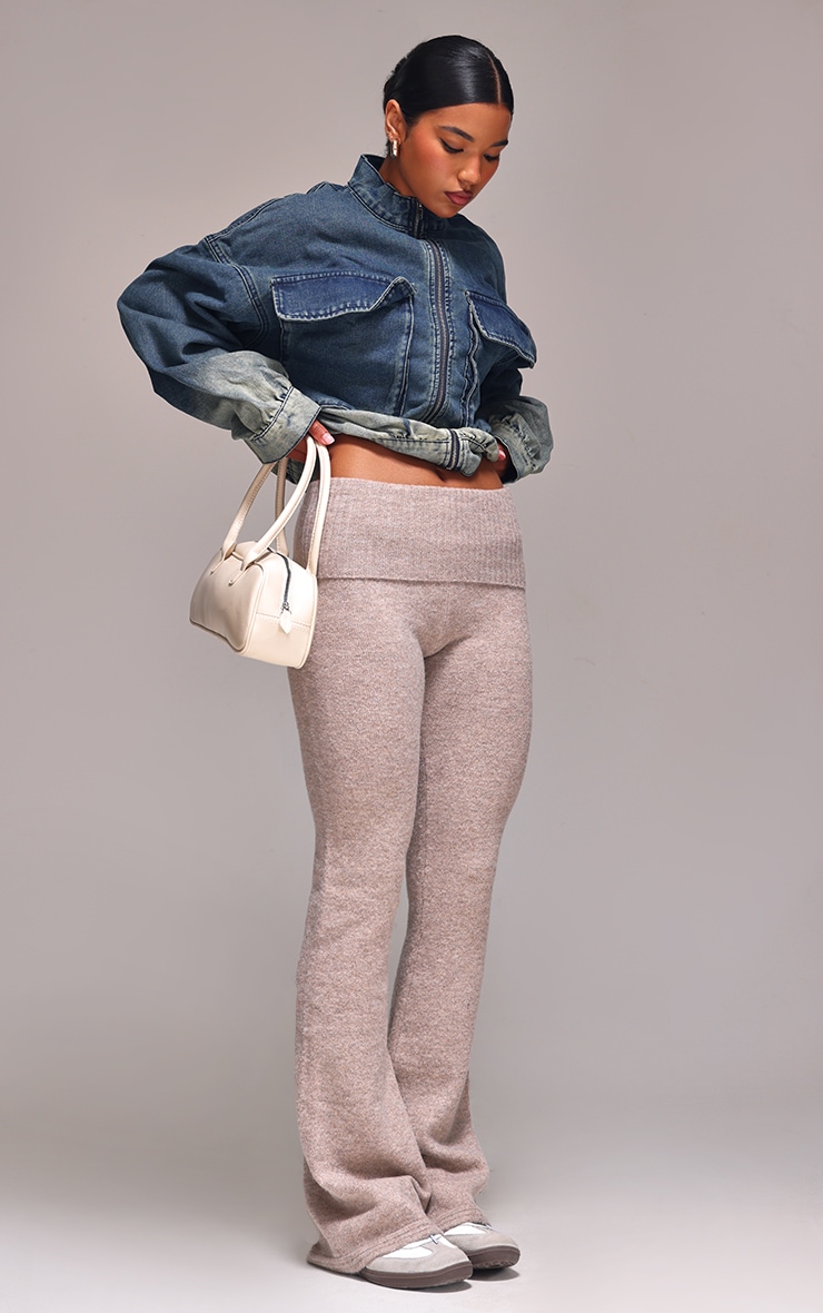 Taupe Melange Soft Knit Foldover Waist Flared Trousers