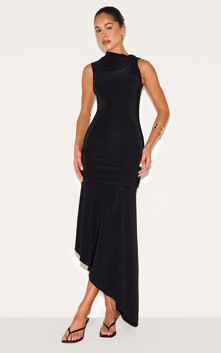 Black Double Layer Slinky Asymmetrical Ruched Midaxi Dress