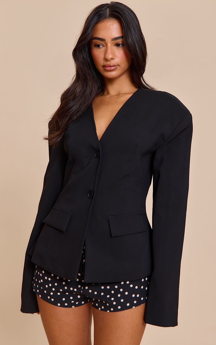 Petite Black Cinched Waist Drop Shoulder Blazer