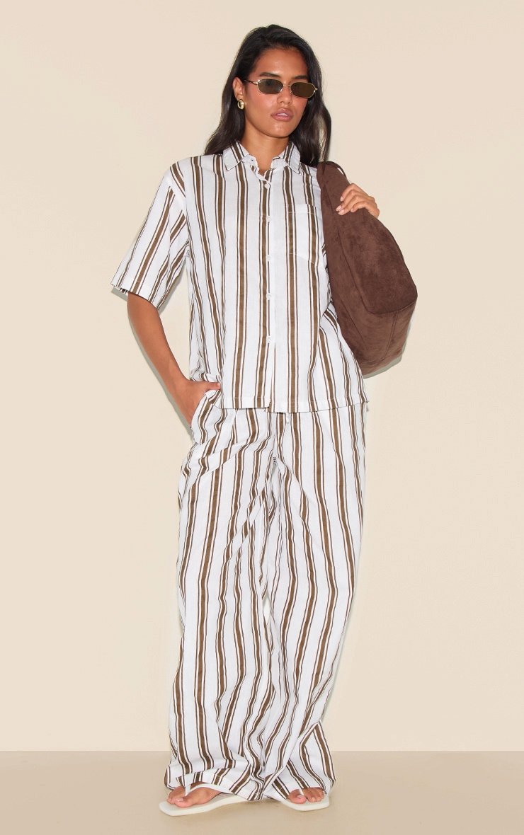 Beige Striped Wide Leg Trousers