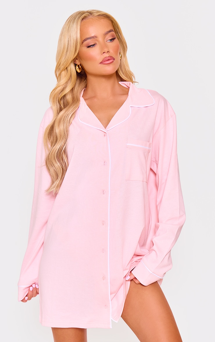 Baby Pink Jersey Piping Detail Long Sleeve Nightdress