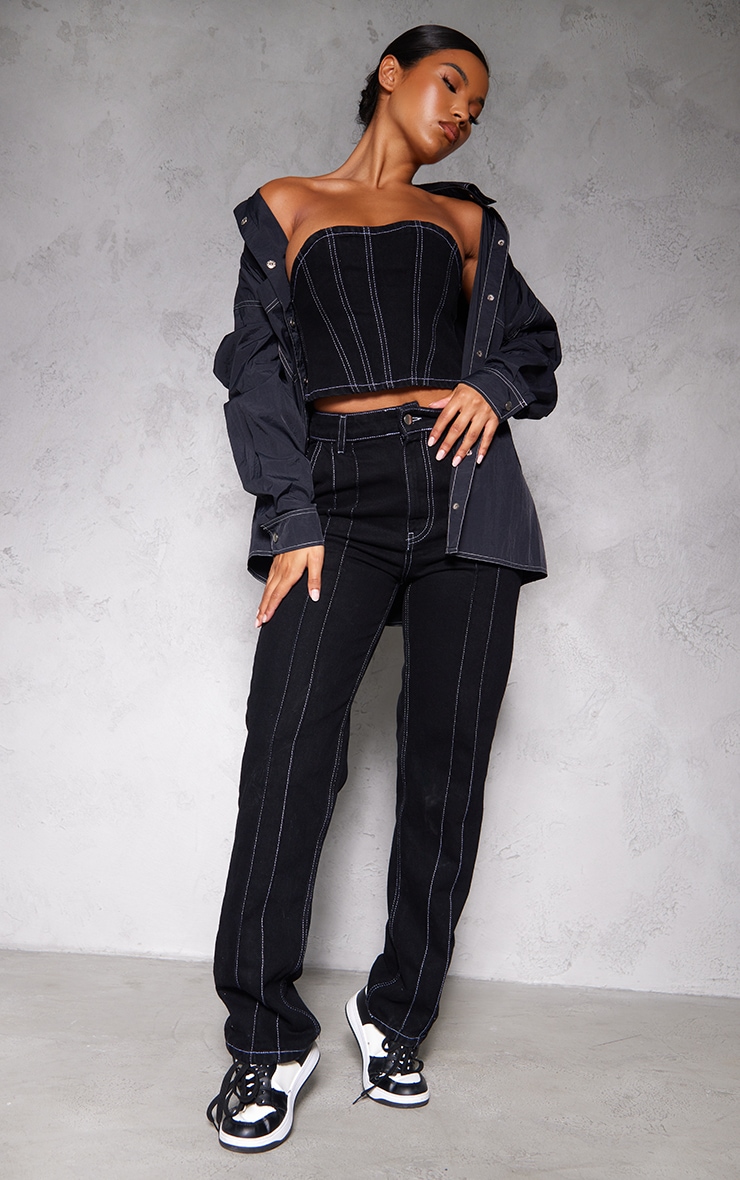 Black Contrast Seam Detail Straight Leg Jeans