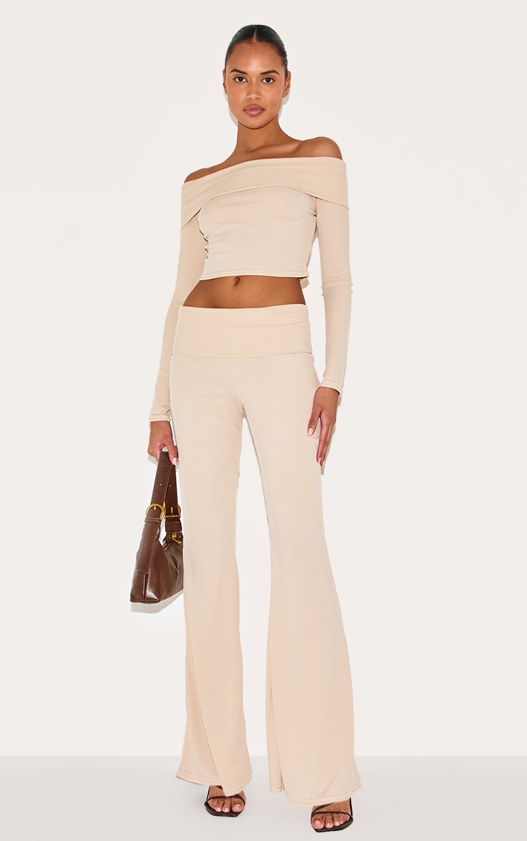 Beige Rib Low Rise Foldover Flared Trousers