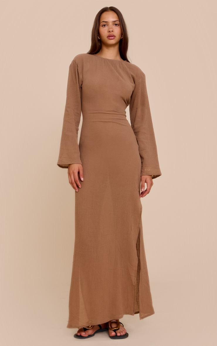 Taupe Textured Long Sleeve Maxi Dress