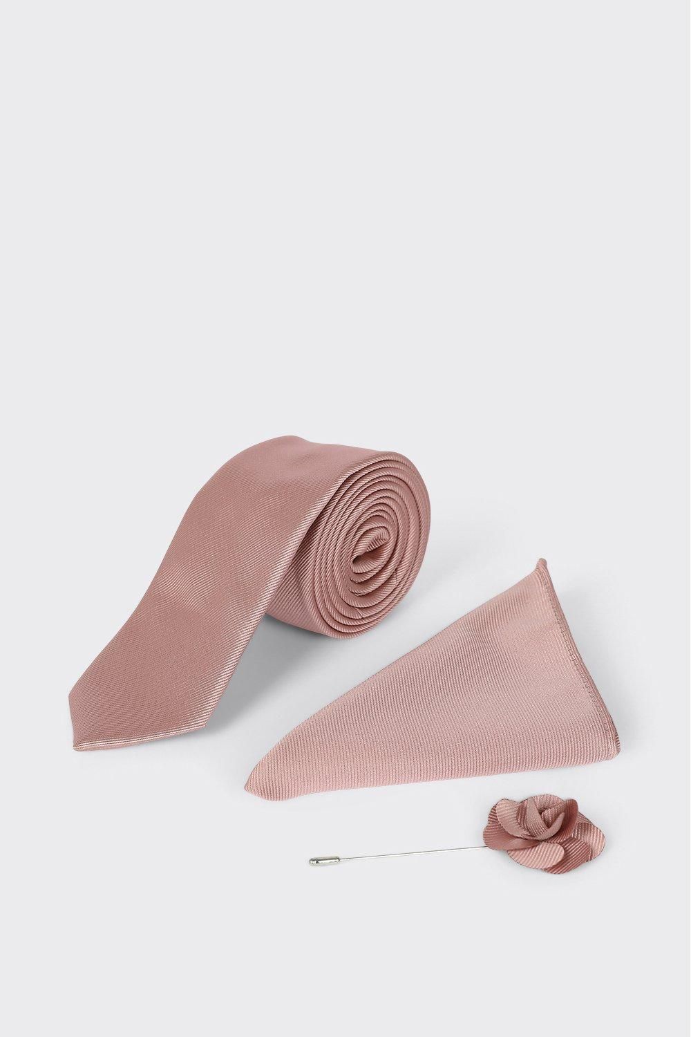 Pink Tie With Pocket Square and Pin