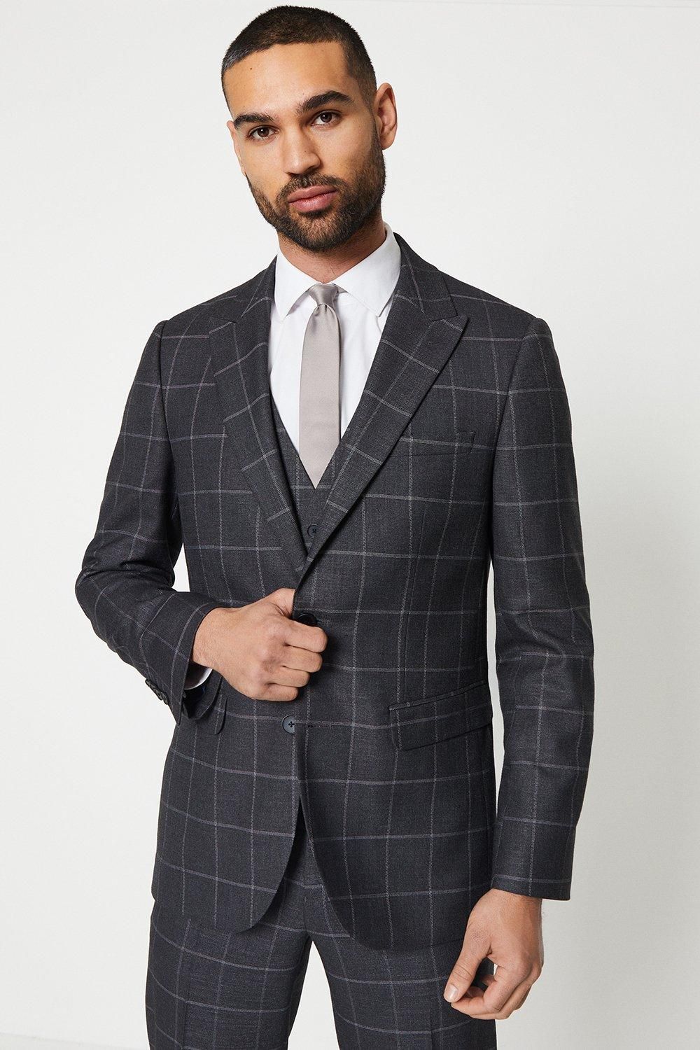 Charcoal Slim Fit Windowpane Check Suit Jacket