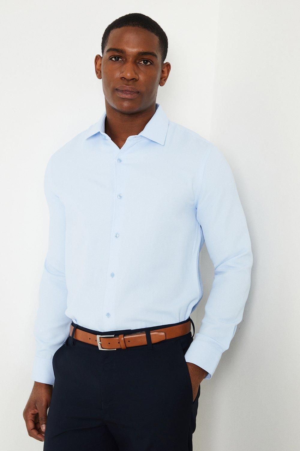 Blue Tailored Fit Basketweave Long Sleeve Shirt
