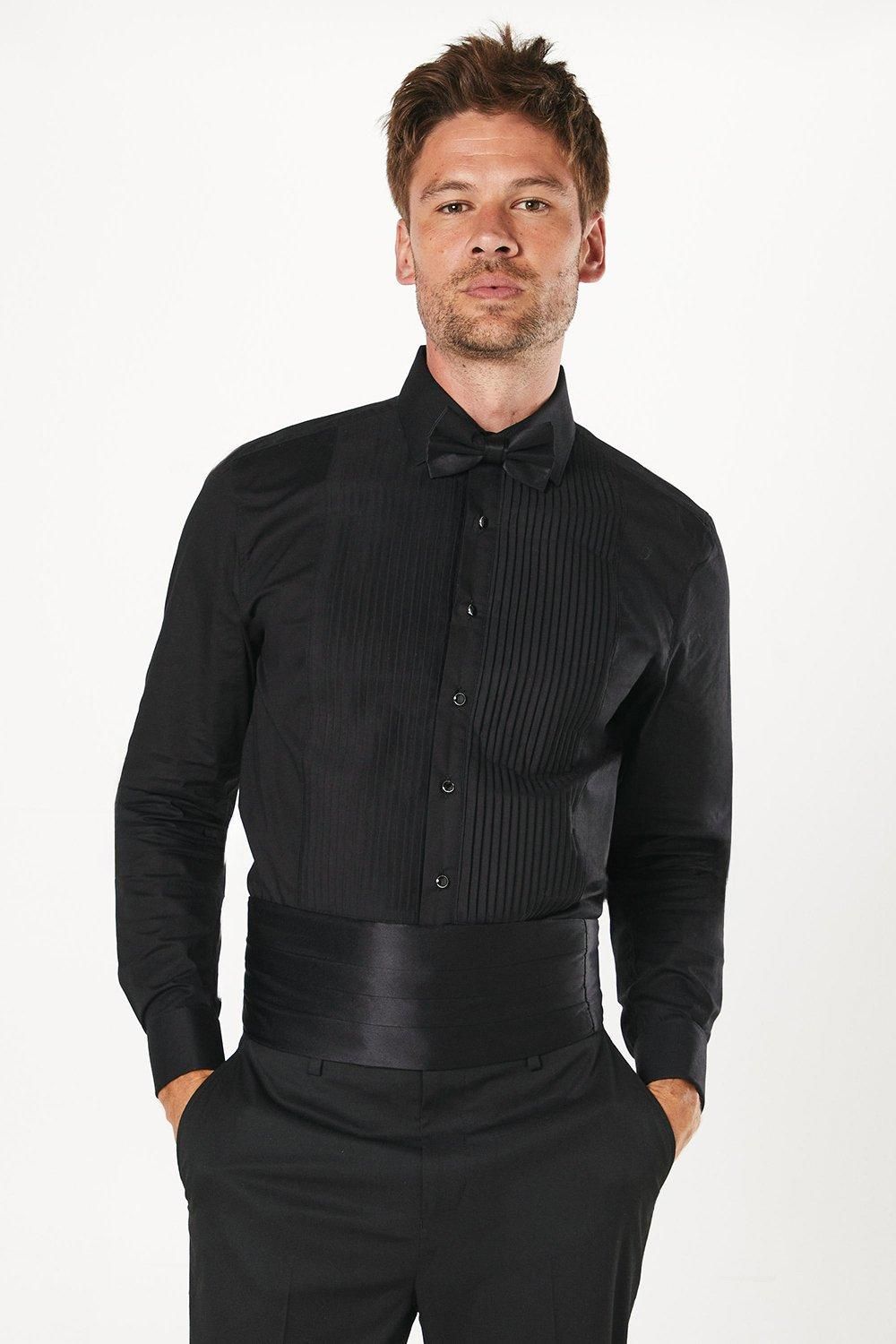 Black Pleat Front Slim Fit Long Sleeve Dress Shirt