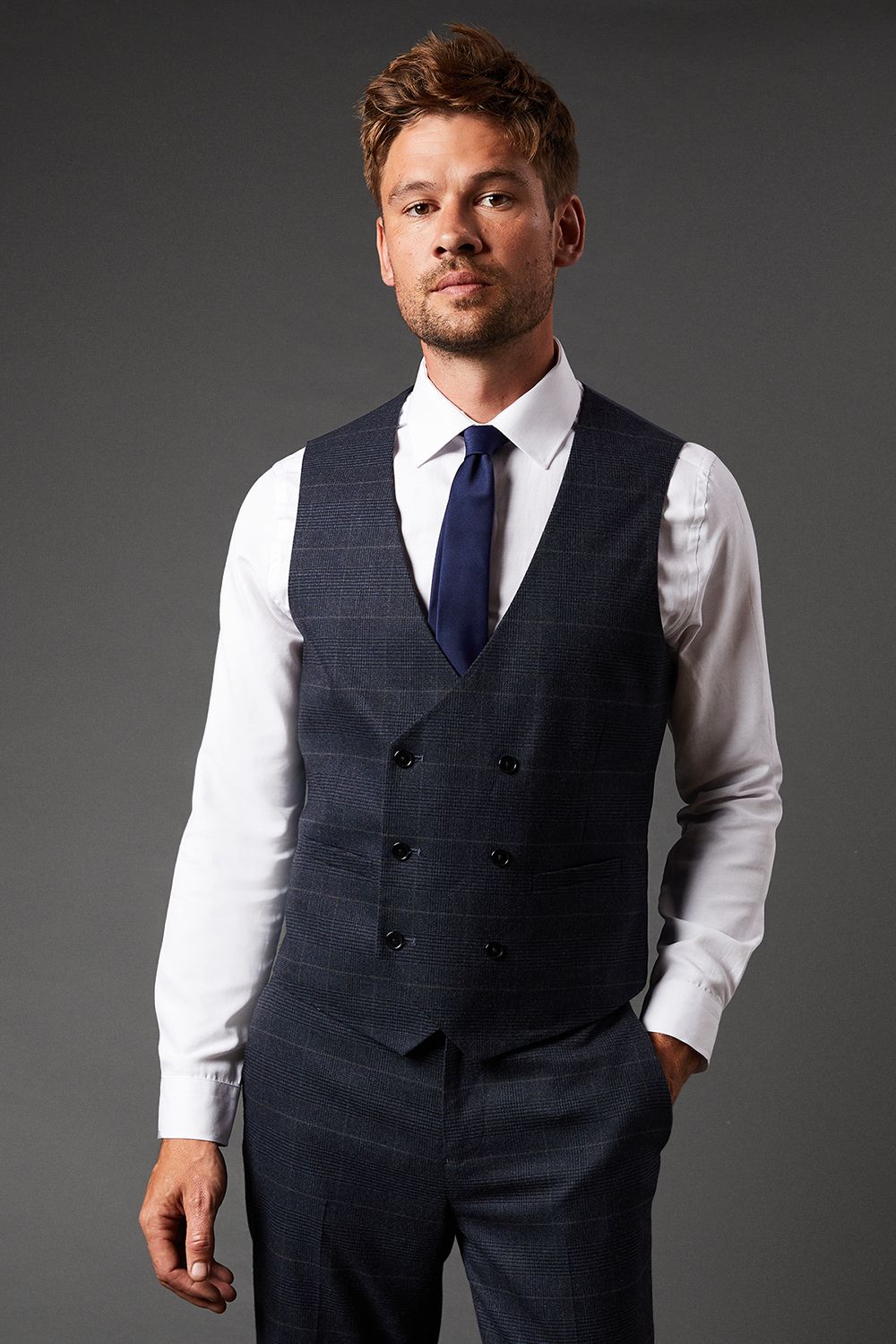 Navy Slim Fit Tweed Look Check Waistcoat