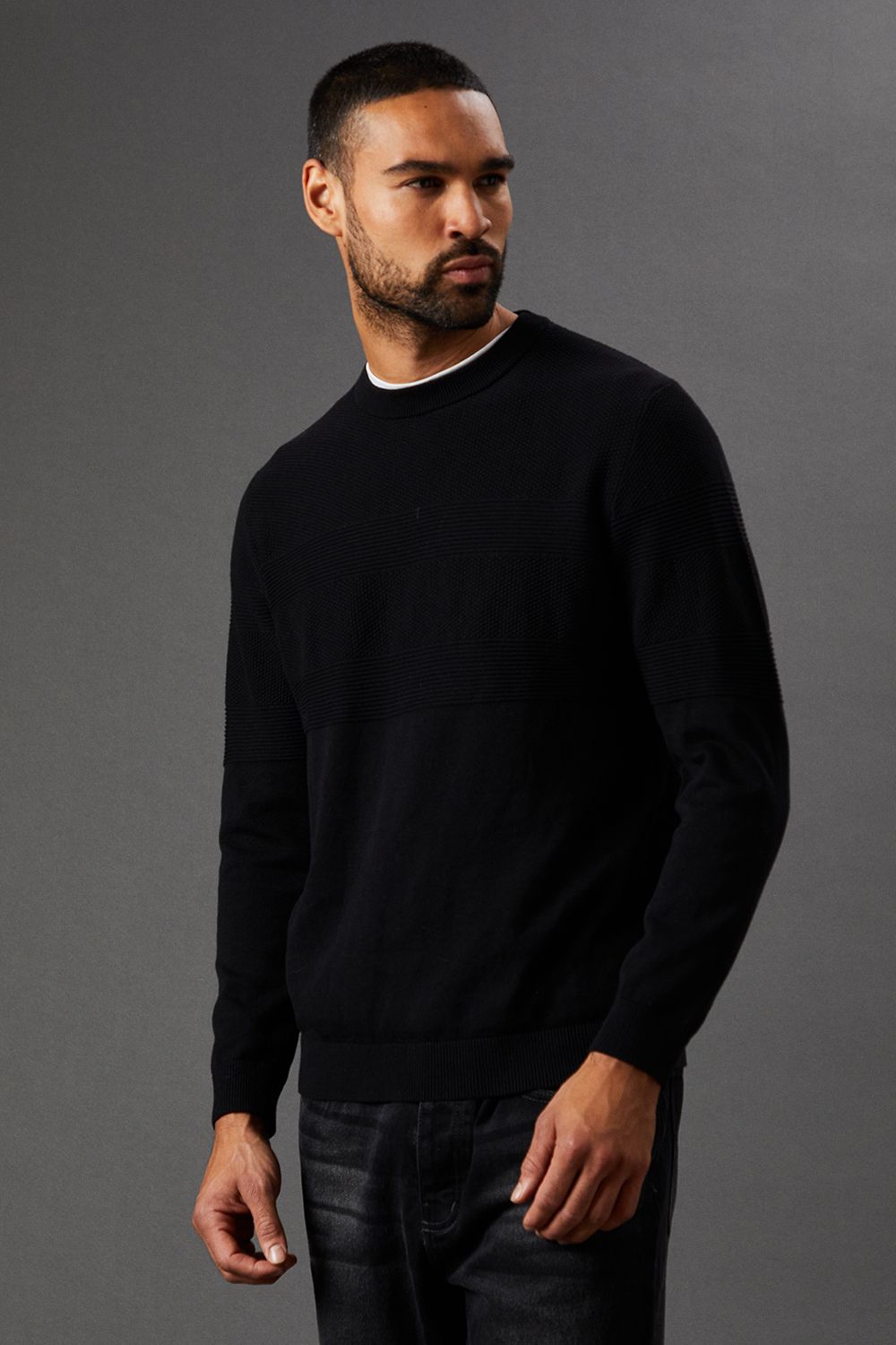 Black Placement Stripe Crew Neck Jumper