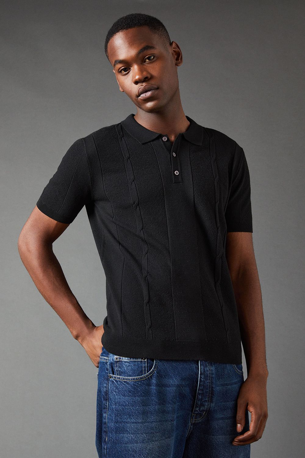 Black Cable Knit Short Sleeve Knitted Polo