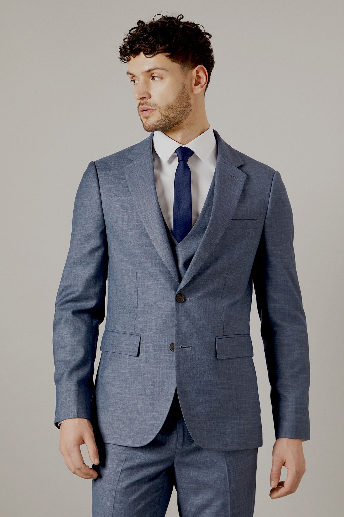 Blue Semi Plain Slim Fit Suit Jacket