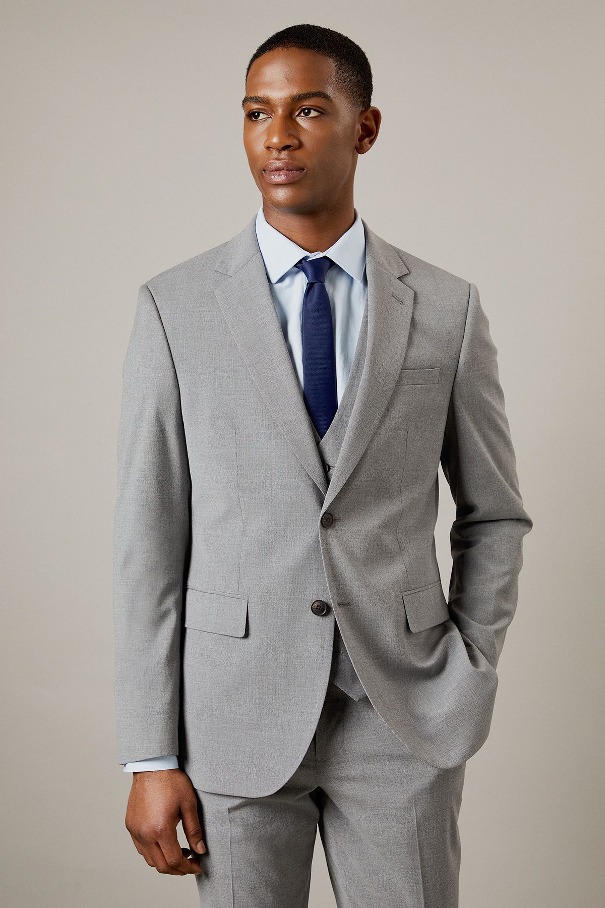 Grey Textured Tailored Fit Suit Jacket