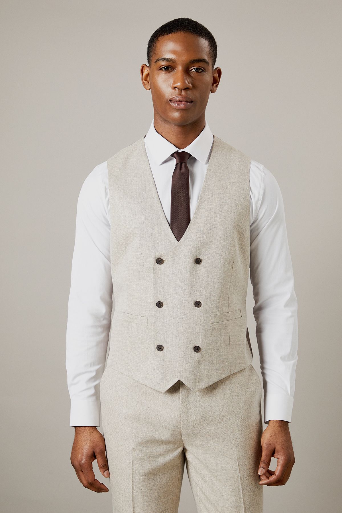 Neutral Semi Plain Double Breasted Waistcoat