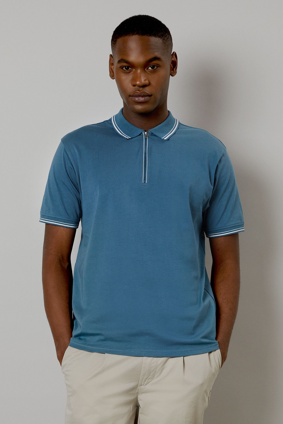 Mid Blue Fine Tipping Zip Polo Shirt