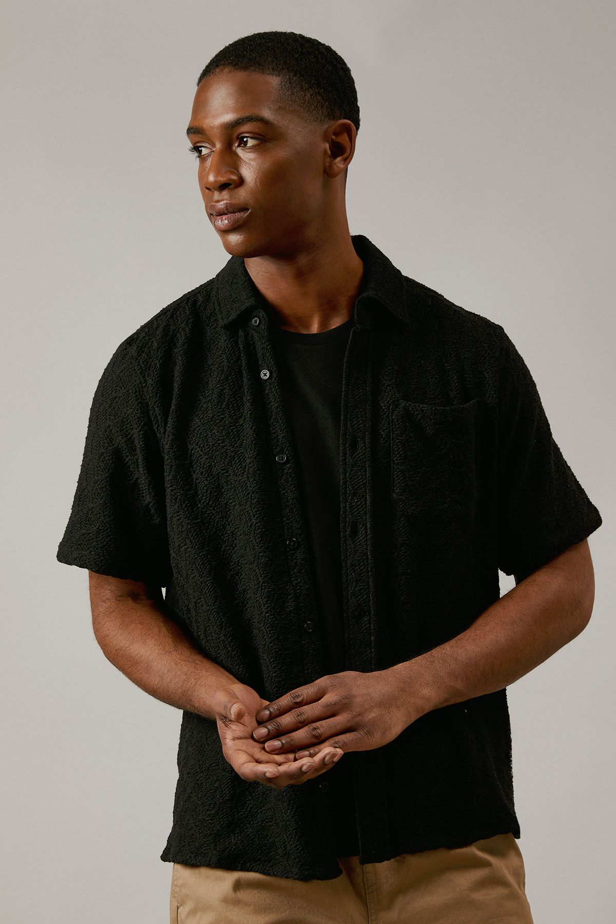 Black Jacquard Textured Short Sleeve Shirt