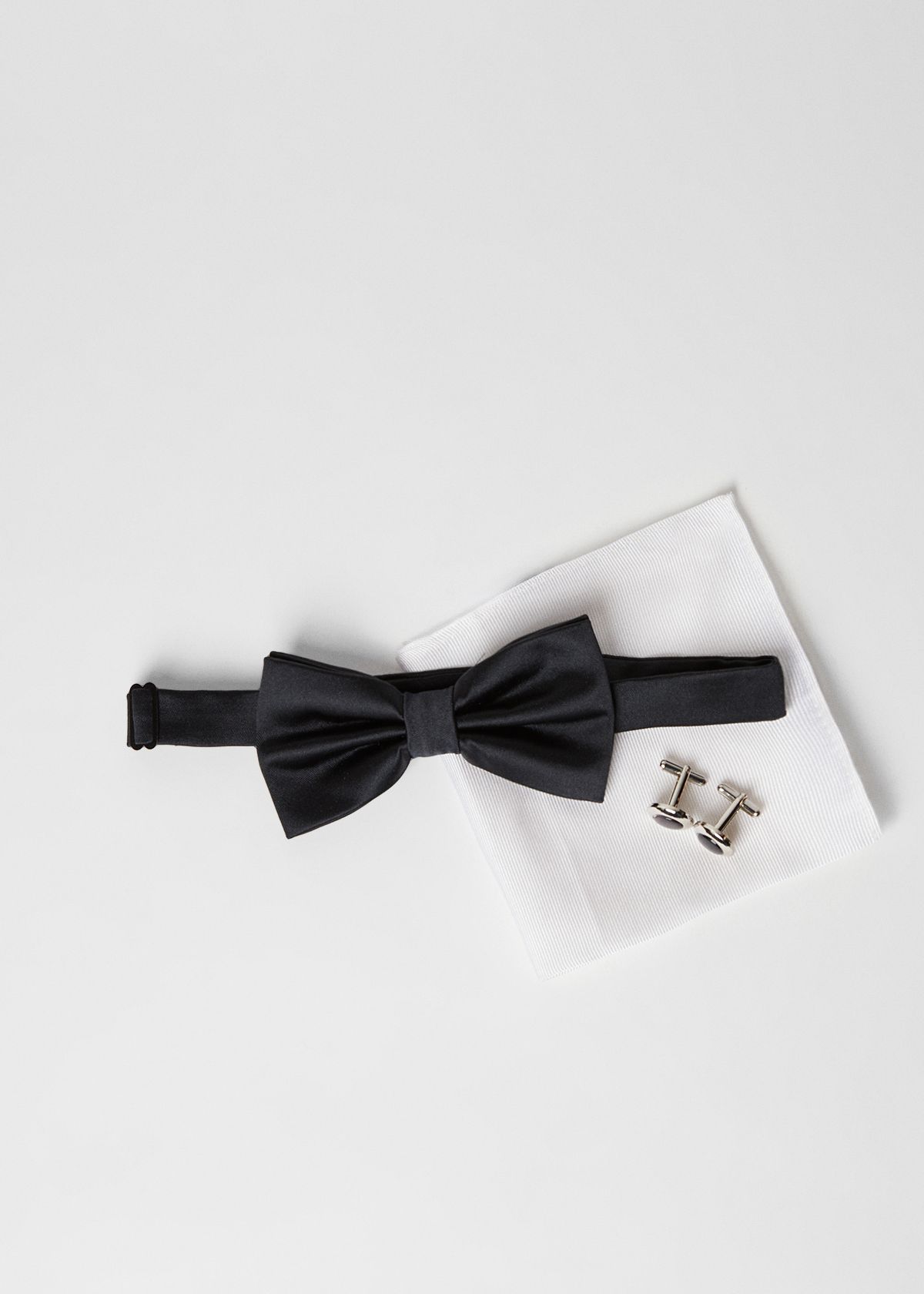 Black Bow Tie, Silk Pocket Square And Cufflink Set