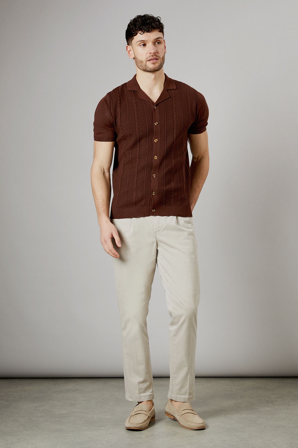 Chocolate Revere Collar Cable Knitted Shirt