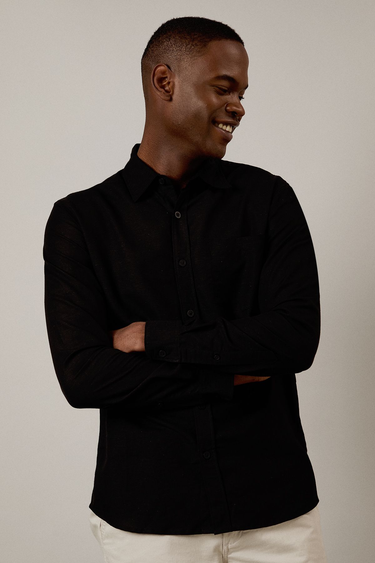 Black Linen Blend Long Sleeve Shirt