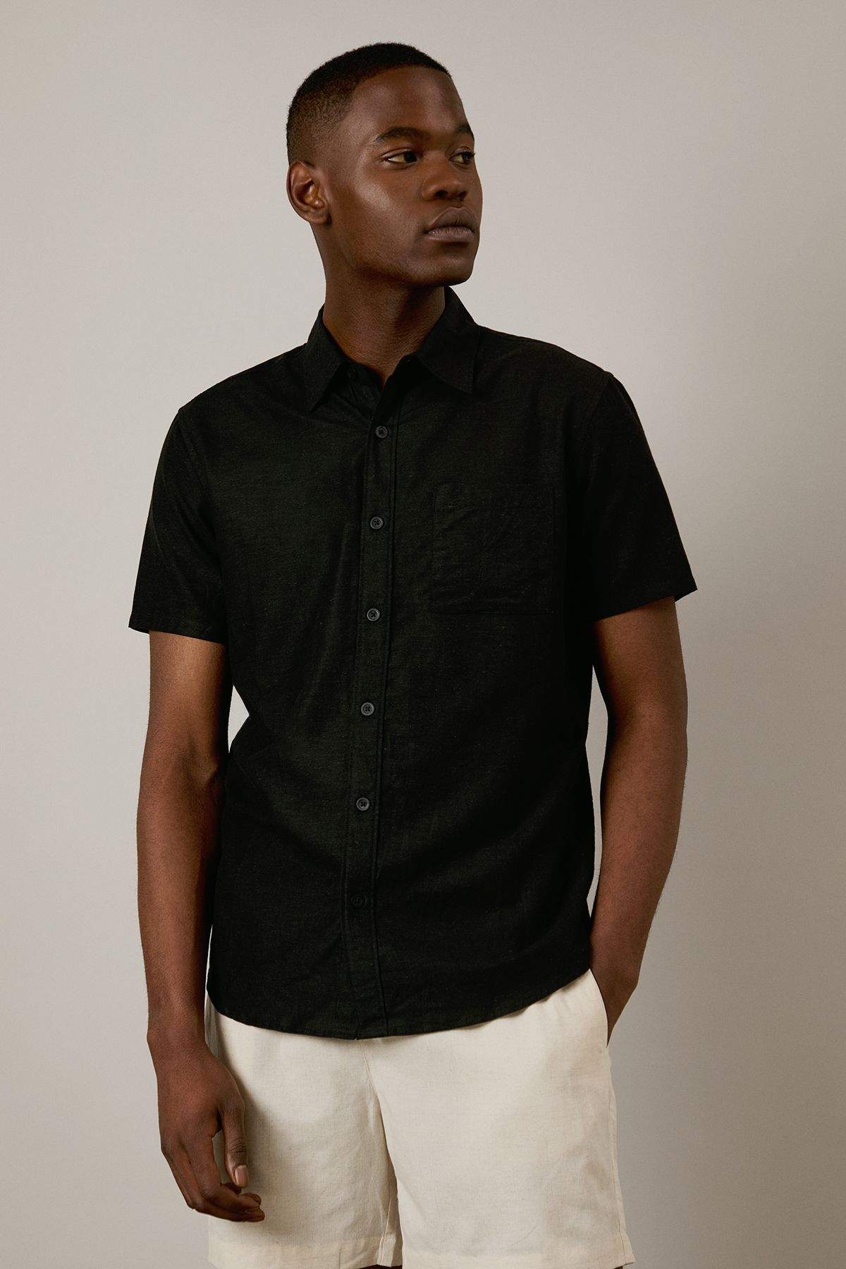 Black Linen Blend Short Sleeve Shirt
