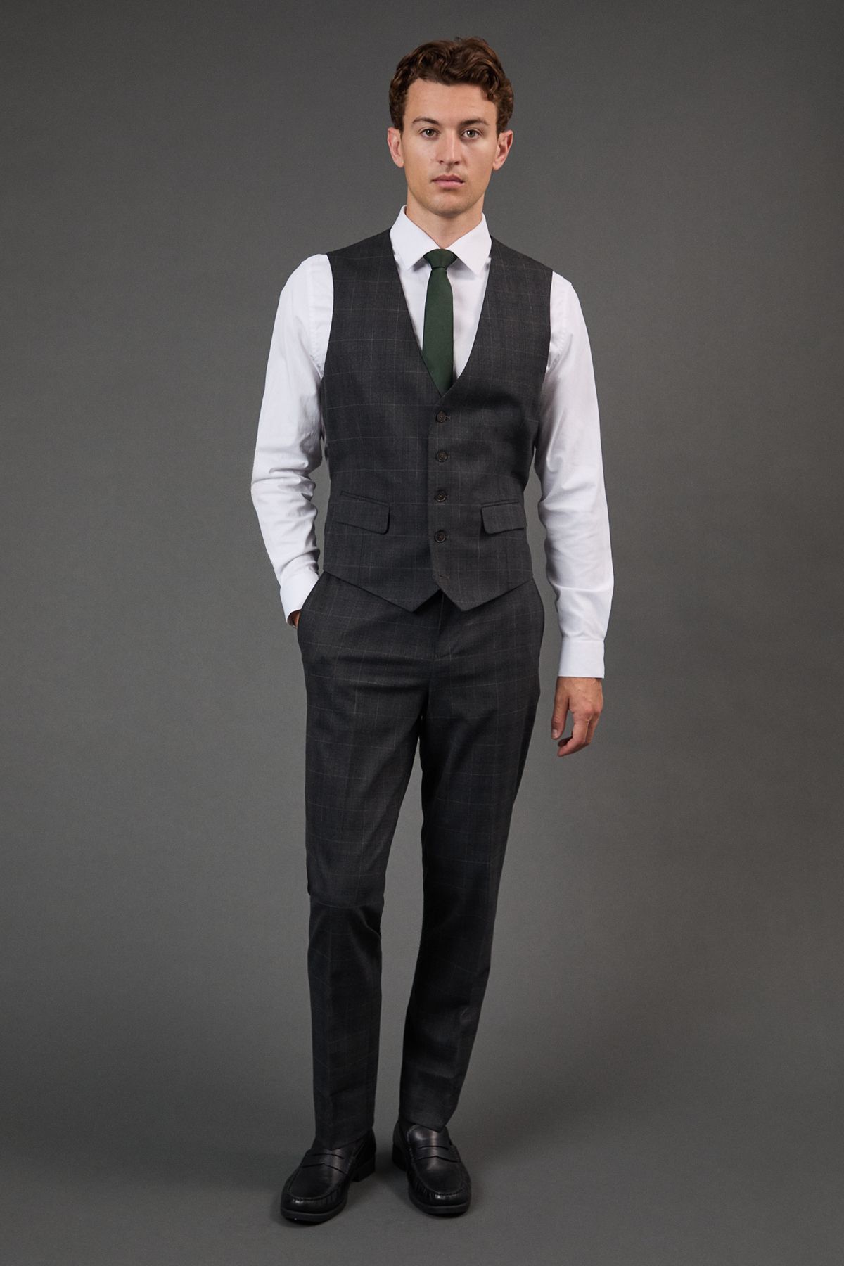 Charcoal Windowpane Check Slim Fit Suit Trousers