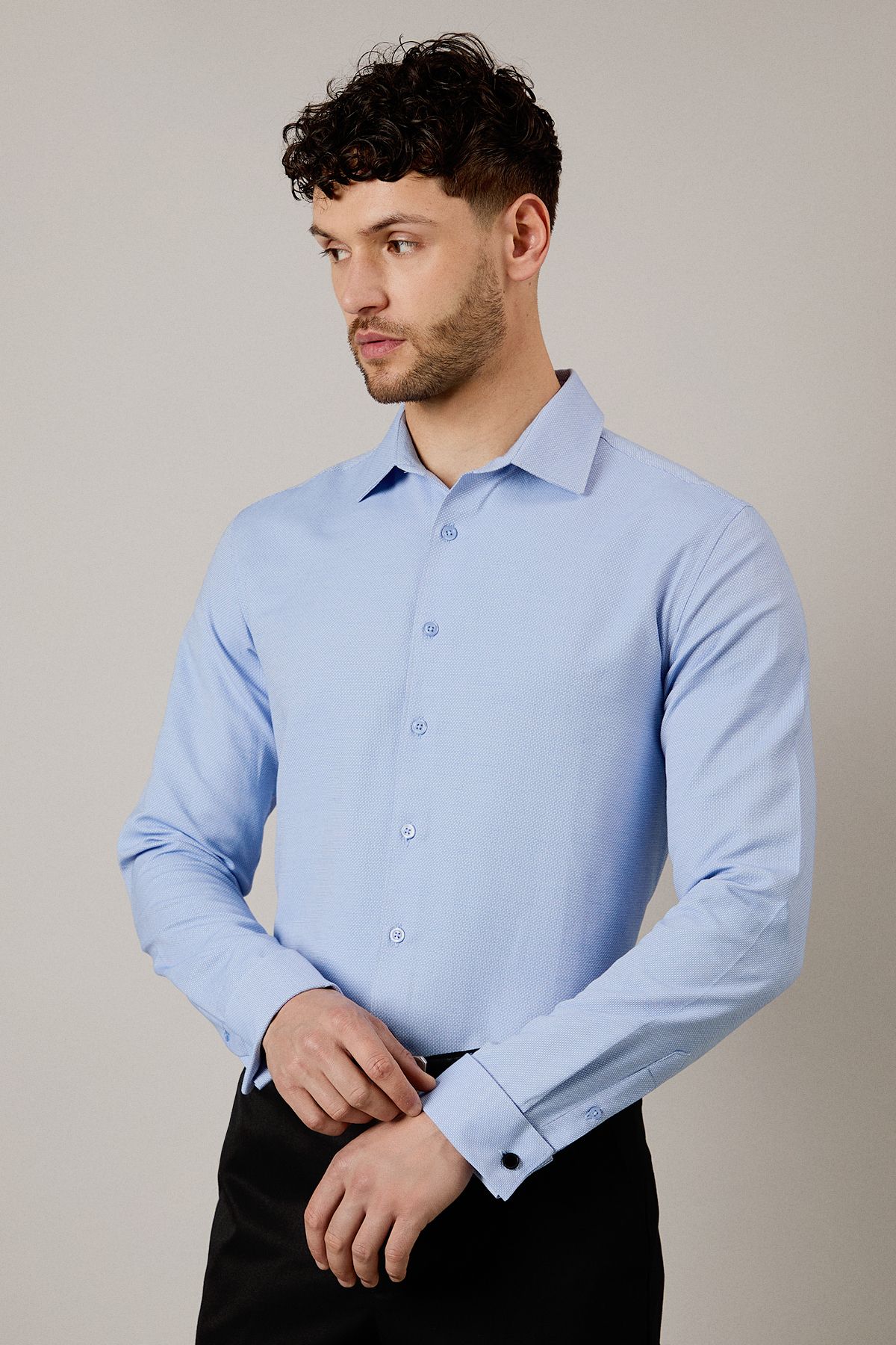 Blue Textured Double Cuff Tailored Fit Shirt