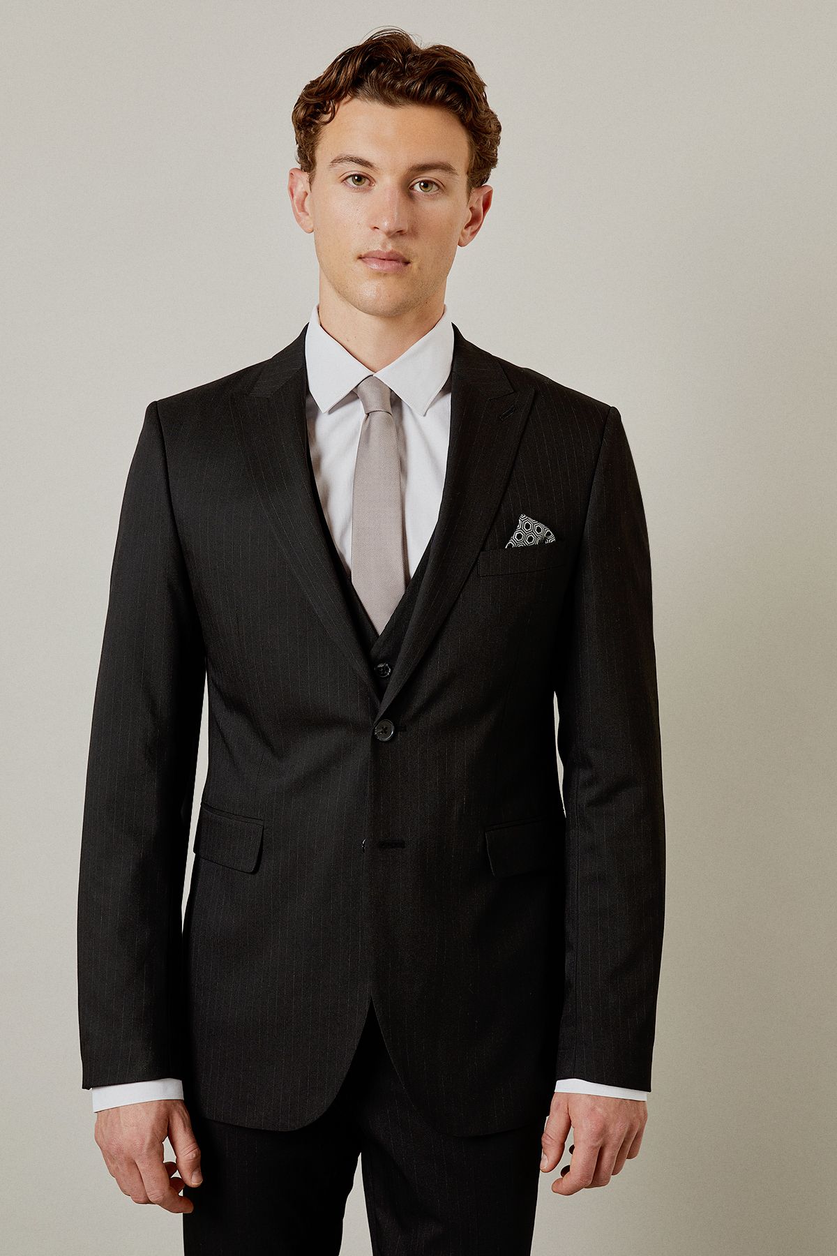 Black Pinstripe Tailored Fit Suit Jacket