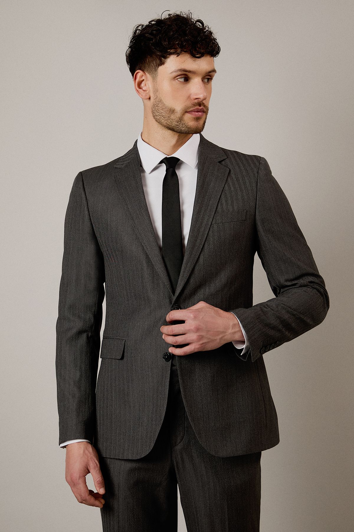 Grey Herringbone Slim Fit Suit Jacket