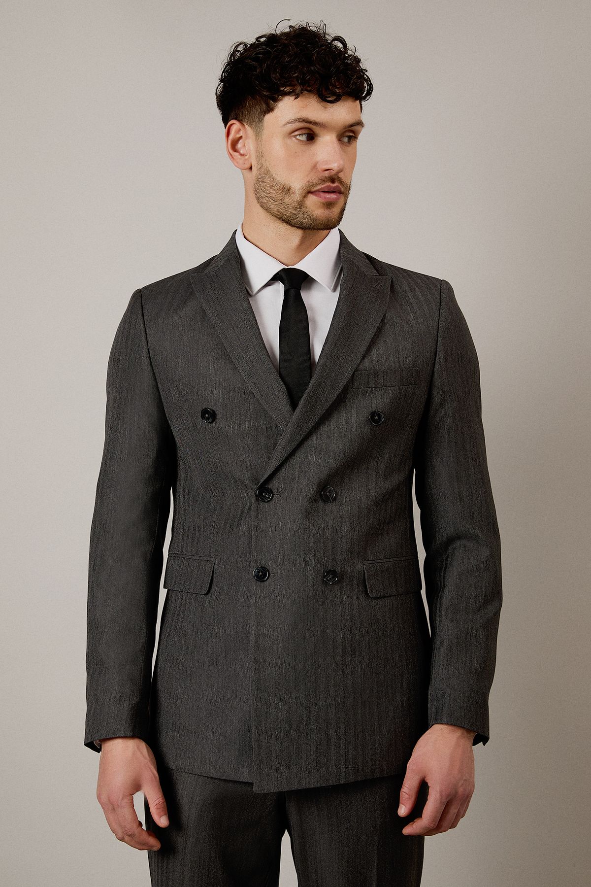 Grey Herringbone Double Breasted Jacket