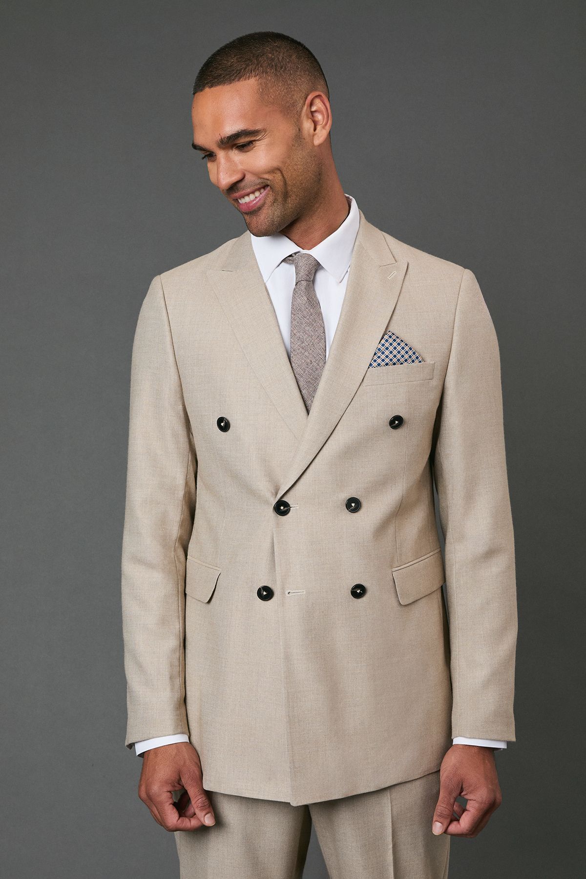 Neutral Textured Double Breasted Suit Jacket