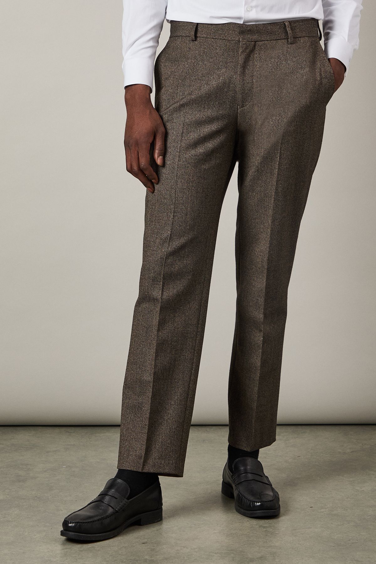 Light Brown Tweed Look Herringbone Tailored Trousers