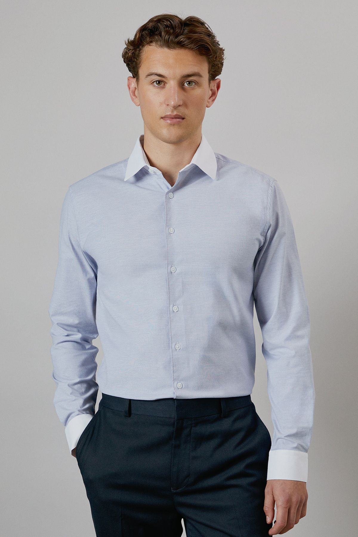 Blue Contrast Collar Stretch Tailored Fit Shirt
