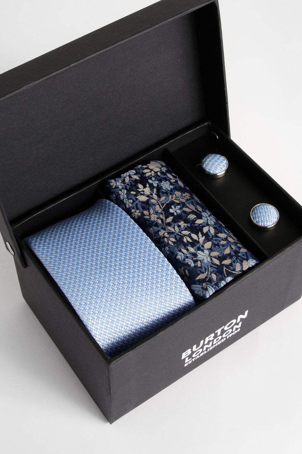 Light Blue Textured Tie, Floral Pocket Square with Cufflink Box Set