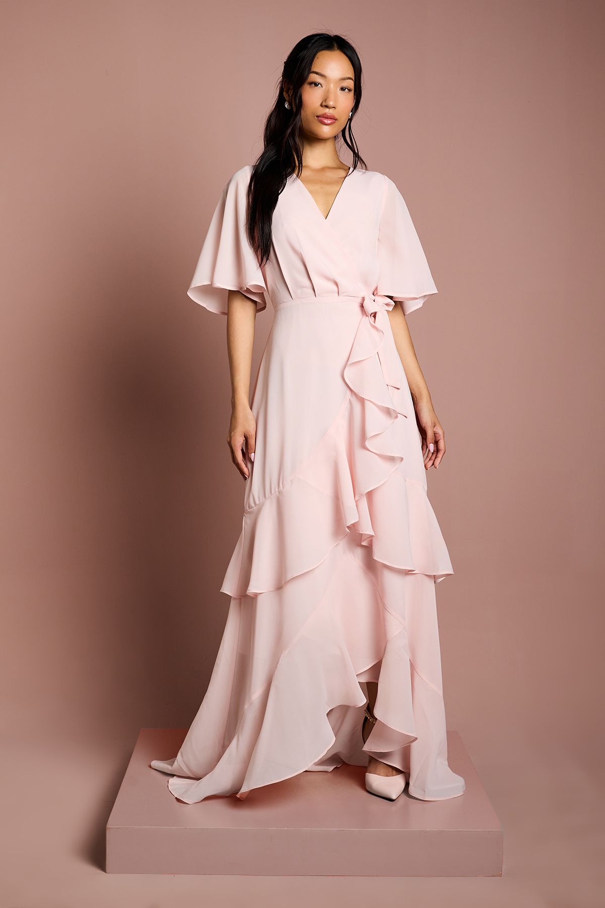 Angel Sleeve Tiered Bridesmaid Maxi Dress