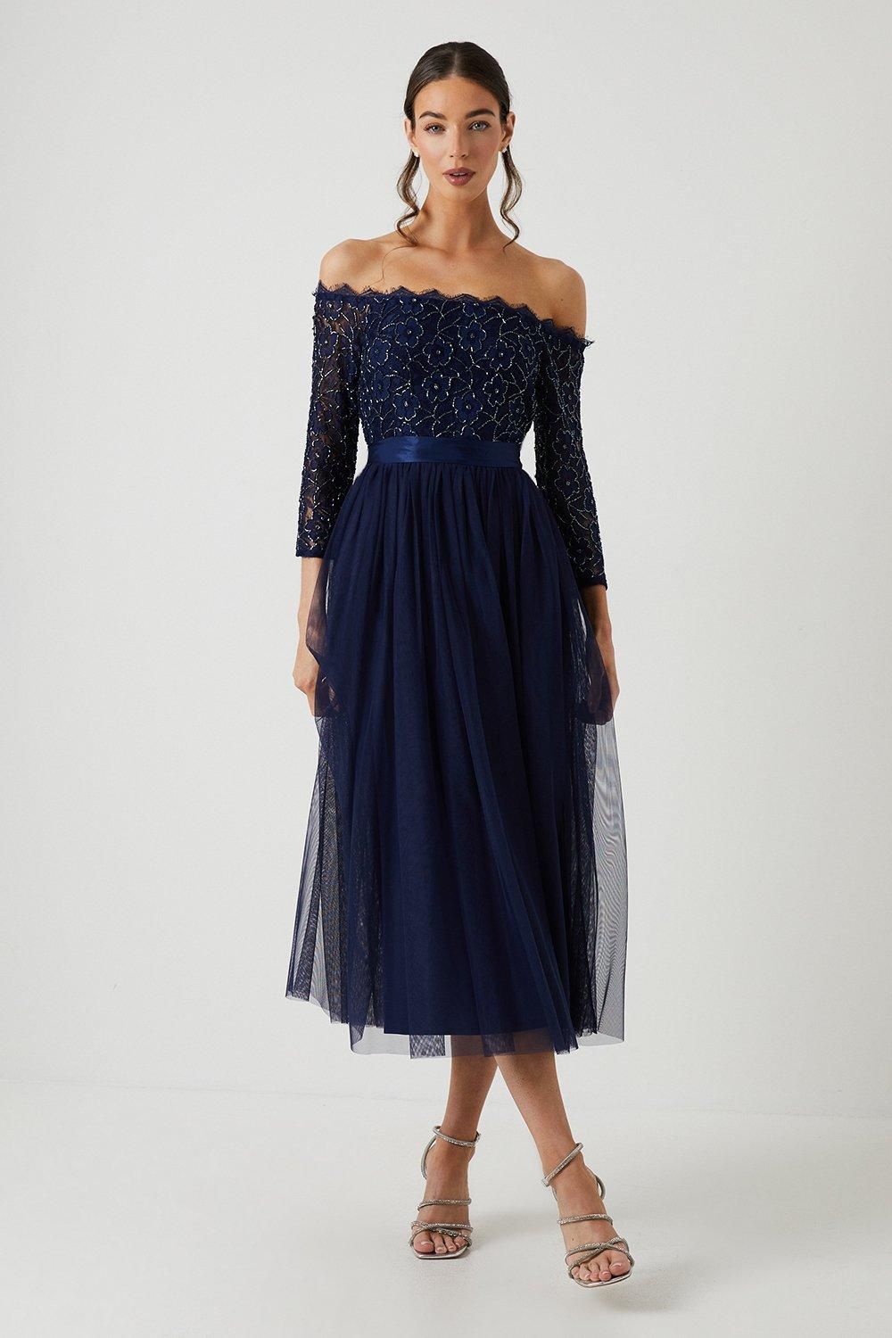 Embellished Lace Bardot Midi Bridesmaid Dress