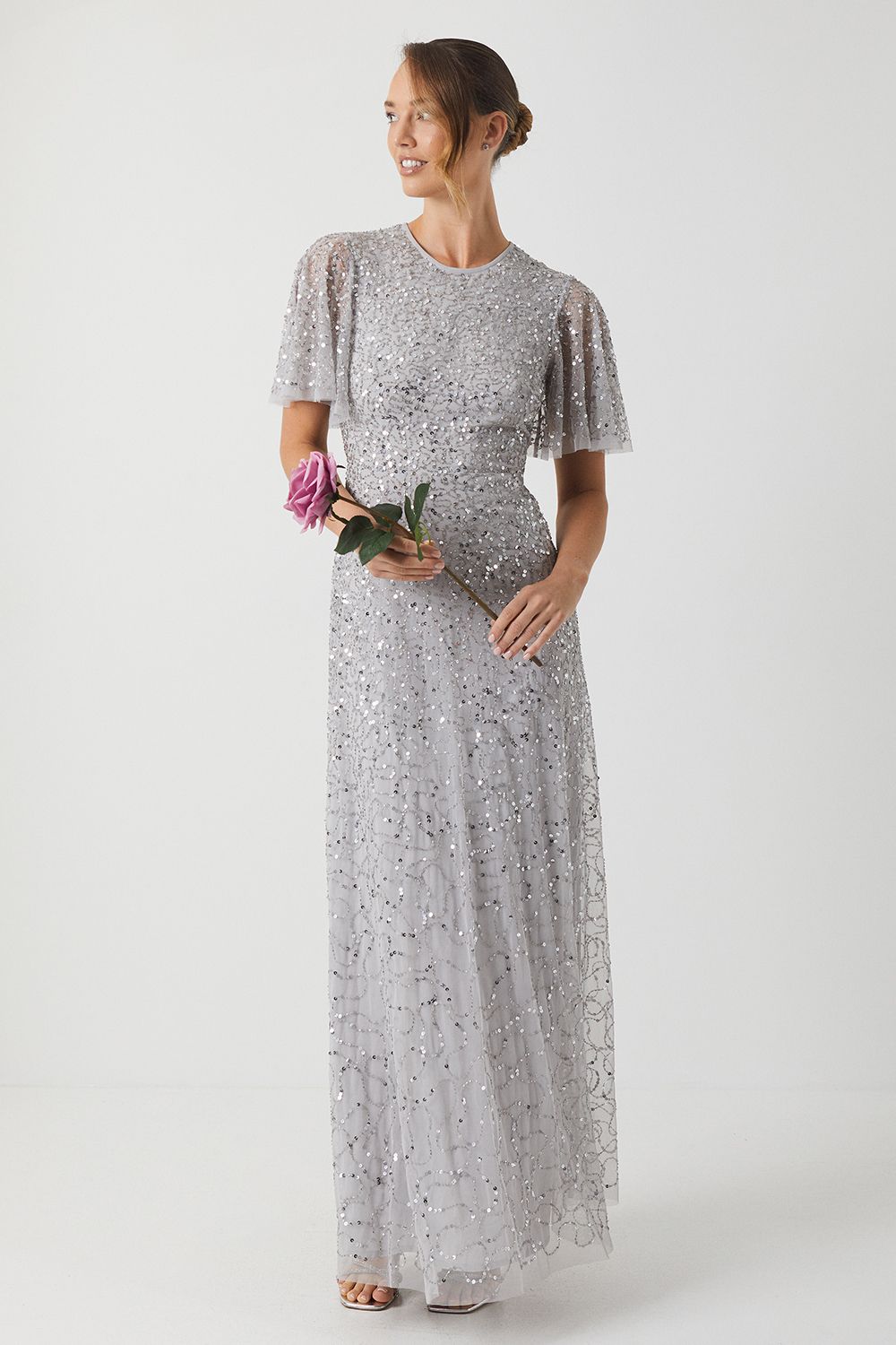 Angel Sleeve Allover Embellished Bridesmaid Dress